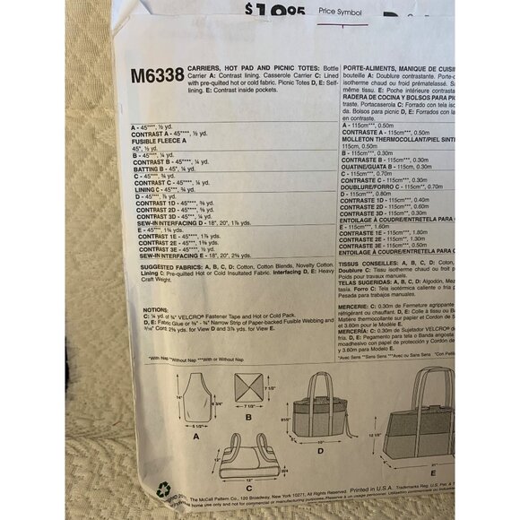 McCall's Misses Picnic Bag Hot Pad Sewing Pattern M6338 - uncut - Picture 5 of 10